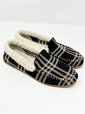 Rothy’s The Slipper Black Camel Plaid Loafer Sherpa Lined Merino Wool Size 7